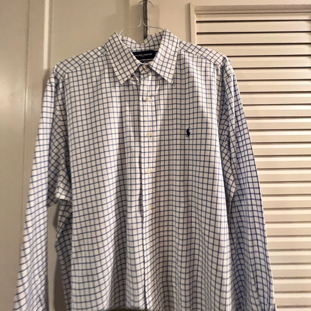 Ralph Lauren Golf Shirt Mens XL Blue White Good Windowpane Classic Fit